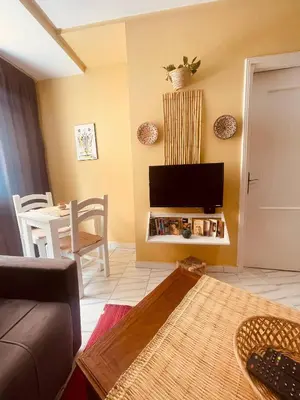 a living room with a couch and a tv at Sduisant Studio in Casablanca in Casablanca