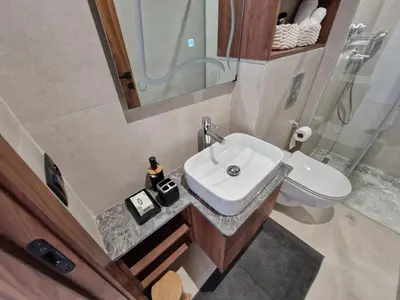 a bathroom with a sink and a shower and a toilet at City Chic stade&centre Princesse in Casablanca