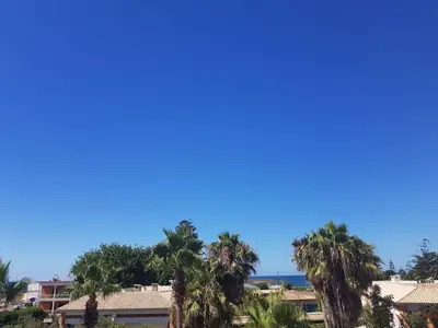 a group of palm trees with the ocean in the background at Skhirat Beach Appartement in Skhirat