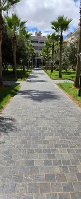 a brick road with palm trees and a building at 2 Bedroom Apartment in Mohammedia