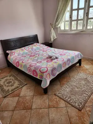 a bed in a room with two rugs on the floor at Villa mouna in Mohammedia