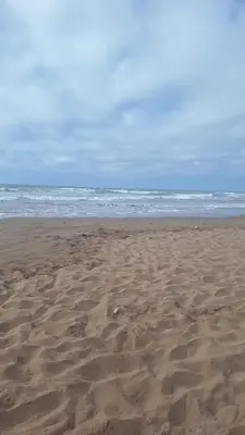 a beach with footprints in the sand and the ocean at Blue beach in Sidi Rahal