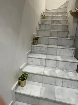 a white marble staircase with potted plants on it at Ocean Park Apartment for rent in Casablanca