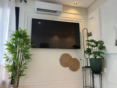 a flat screen tv on a wall with two plants at Cosy Studio Plein Casablanca in Casablanca