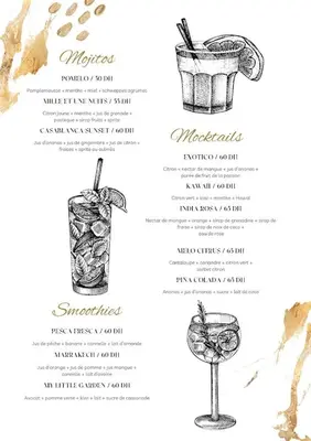 a menu for a cocktail restaurant with drawings of cocktails at Élégance Océanique in Casablanca