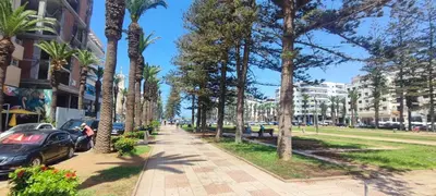 a sidewalk lined with palm trees next to a street at Confort & Style à Mohammedia parc in Mohammedia