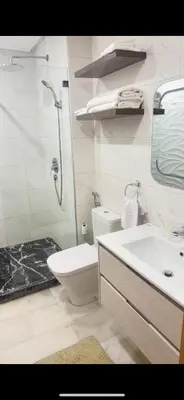 a bathroom with a shower and a toilet and a sink at appartement de luxe au rez de jardin avec piscine privative in Tamaris