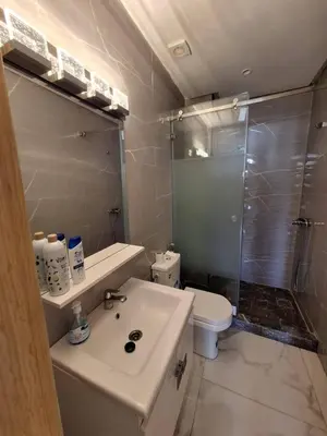 a bathroom with a sink and a toilet and a shower at Sidi Rahal Appt raffiné, pieds dans l'eau in Sidi Rahal