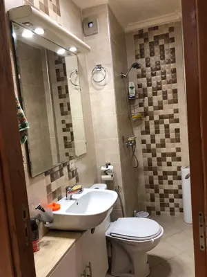a bathroom with a sink and a toilet and a mirror at Sable d or in O Ben Slimane