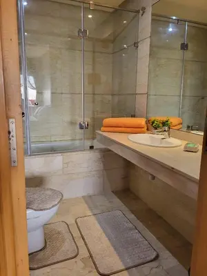 a bathroom with a shower and a toilet and a sink at Lovely rental apartment with parking in premises, in Casablanca