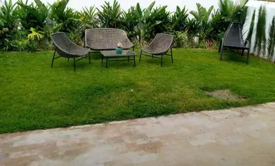 three chairs and a table in the grass at Appartement pieds sur mer in Sidi Rahal