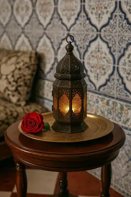 a lantern on a table with a rose on it at Traditional Moroccan Apartment, Oulfa, Hajj Fateh in Casablanca