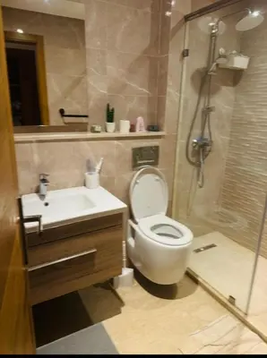 a bathroom with a toilet and a sink and a shower at Appartement Mer & Soleil à EL Mansoria in Pont Blondin