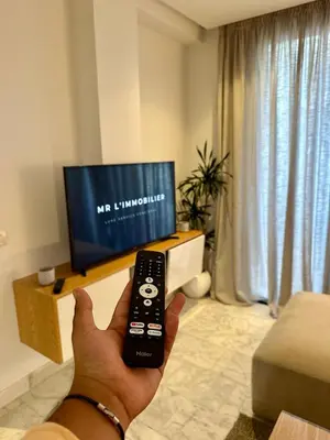 a person holding a remote control in front of a television at Studio chic Palmier in Casablanca