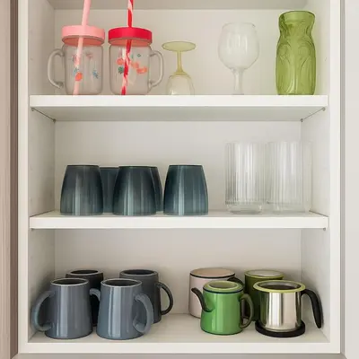 a shelf filled with different colored mugs and glasses at My Cosy Place Luxury 2BR Apartment CasaFinanceCity in Casablanca