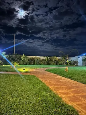 a fire hydrant spraying water on a grass field at la ferme du bonheur in Aïn el Apuda