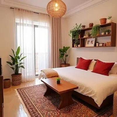 a bedroom with a bed with red pillows and a table at A Cozy escape in Morocco in Casablanca