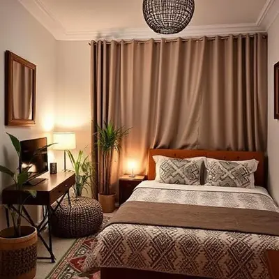 a bedroom with a bed and a desk and curtains at A Cozy escape in Morocco in Casablanca