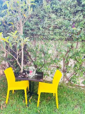 two yellow chairs and a table in the grass at Stunning Sunny Villa, near airport in Derroua