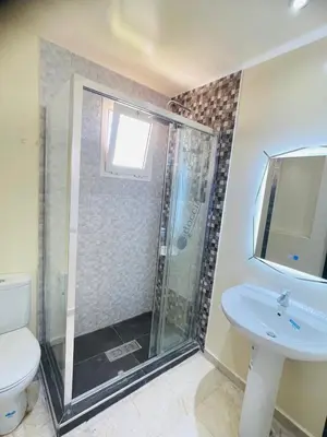 a bathroom with a shower and a toilet and a sink at Stunning Sunny Villa, near airport in Derroua