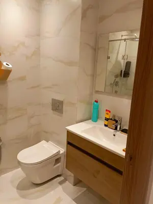 a bathroom with a toilet and a sink and a mirror at Palmier house for family only in Maarif