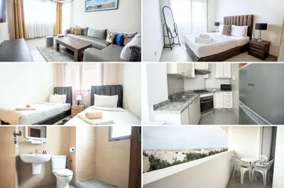 a collage of photos of a hotel room at Comfortable Getaway Near the Beach in Dar Bouazza