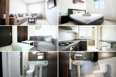 a collage of photos of a bedroom and a living room at Cozy Apartment in the Heart of Bouznika in Bouznika