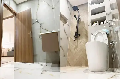 two pictures of a bathroom with a toilet and a shower at Modern apartment with pool parking in O Ben Slimane