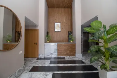 a hallway with a mirror and a potted plant at Studio élégant et neuf près de la gare tgv in Casablanca