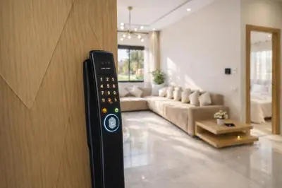 a remote control is attached to a wall in a living room at Cozy Apartment Near Airport in Nouaceur