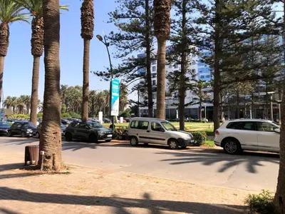 a group of cars parked in a parking lot with palm trees at Apartment with large terrace Mohammedia in Mohammedia