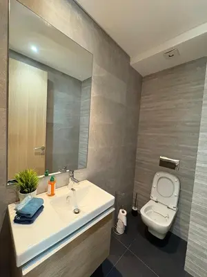 a bathroom with a sink and a toilet and a mirror at Chic One Bedromm Apartment - Large Terrace - Anfa District in Casablanca