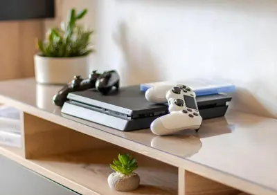 a shelf with books and a video game controller on it at Walkable, Beach in 2, Terrace, DW, AC, PS4, WiFi in Mohammedia