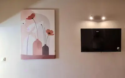 a tv on a wall with a painting of flowers at Newly Apartment refurbished central calm charming in Rabat