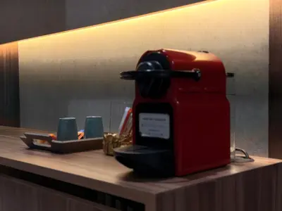a red mixer sitting on a counter in a room at CityZen in Casablanca
