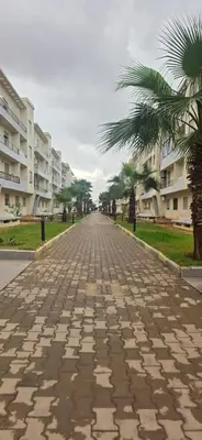 an empty street with palm trees and buildings at appartement luxe dt3 in Mohammedia
