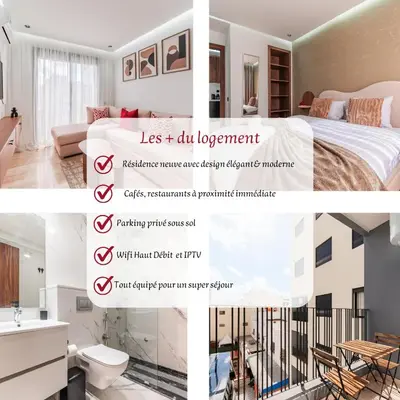 a collage of photos of a bedroom and a bathroom at Studio Signature - Parking privé & neuf in Casablanca