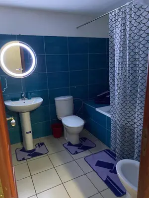 a blue tiled bathroom with a toilet and a sink at Appartement de standing au cœur du quartier historique des Habous in Casablanca