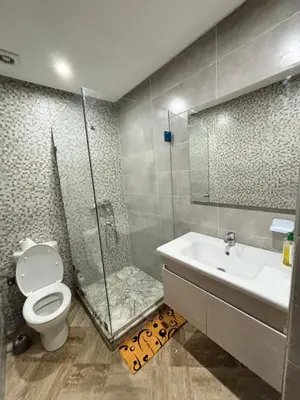 a bathroom with a shower and a toilet and a sink at Appartement moderne aux perles de temara in Temara