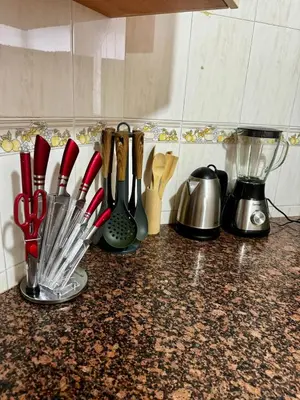 a group of knives and utensils on a kitchen counter at Charming Family Appartment in Rabat