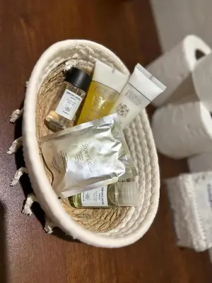 a basket filled with products sitting on a table at Studio Calme, Cosy & Équipé, Plein Centre Agdal in Rabat