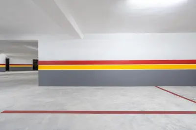 an empty room with red and yellow stripes on the wall at Self Check In 1BR With Gym And Coworking Near CFC in Casablanca