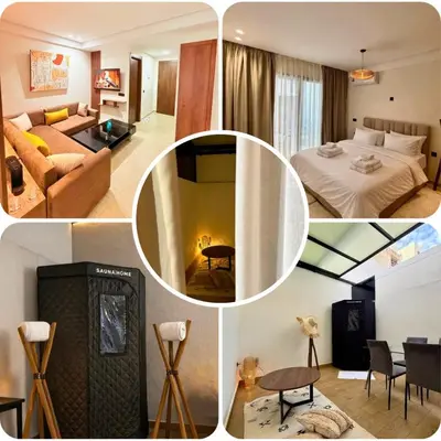 a collage of photos of a hotel room at Cosy Loft with Sauna - City Center Casablanca in Casablanca