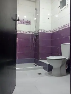 a bathroom with a toilet and a shower with purple tiles at Appartement temara in Temara