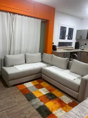 a living room with a couch and a rug at Olive & Orange Modern Studio in Rabat