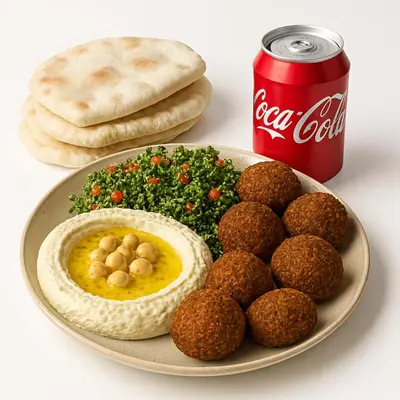 a plate of food with falafel and a can of coke at nouaceur prestige in Bouskoura