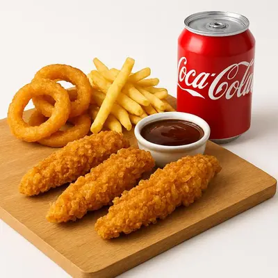 a cutting board with onion rings and a can of soda at nouaceur prestige in Bouskoura