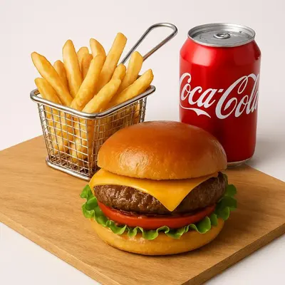 a hamburger and a can of coke and a basket of fries at nouaceur prestige in Bouskoura