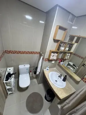 a small bathroom with a toilet and a sink at Face à la Gare et au Tramway Moderne, Calme avec Resto sur place possible in Casablanca