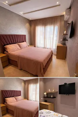 two pictures of a bedroom with a bed and a television at Chic Cozy Studio Maarif Casablanca in Casablanca